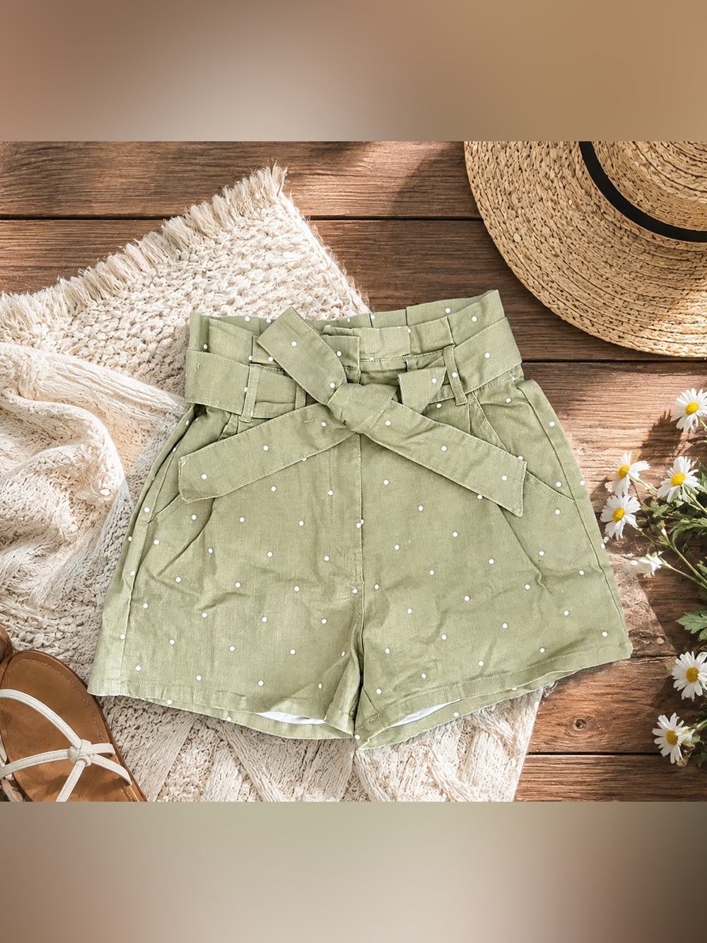MINE Olive Green Polka Dot Paperbag Waist Tie Shorts Size M NWT